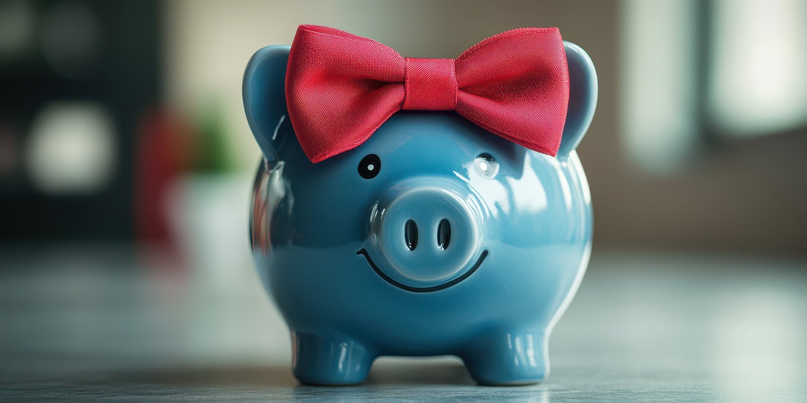 Blue piggy bank with a red bow sitting on a countertop during daytime in a well-lit indoor environment